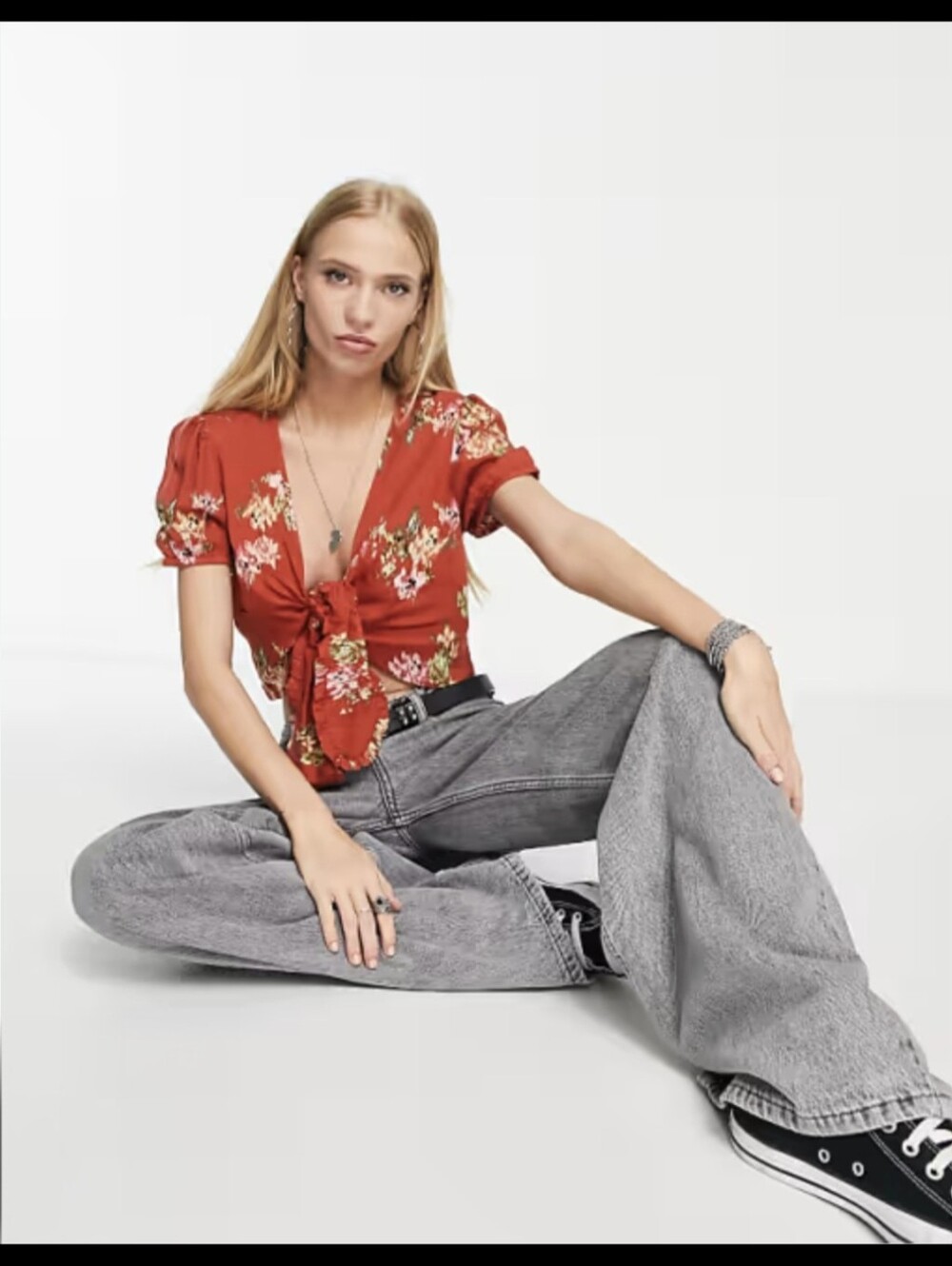B.O.G.  Floral Tie-Front Short Sleeve Crop Top In Rust - SZ S